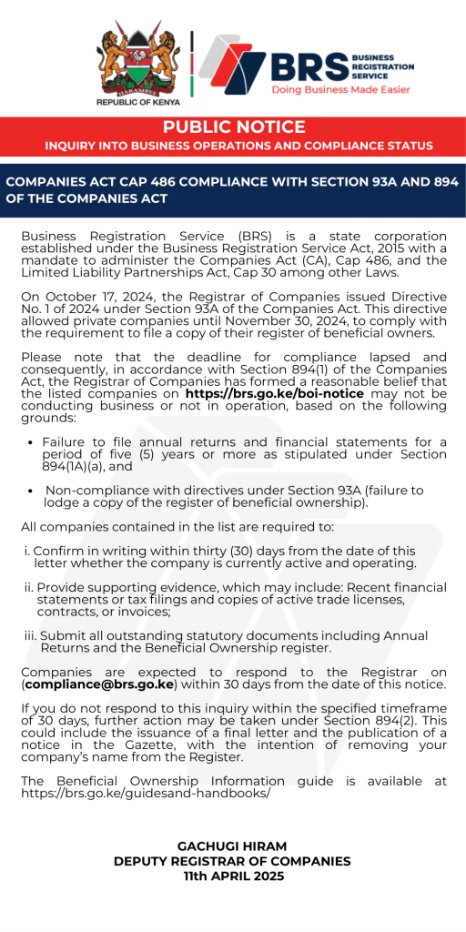 Beneficial Ownership Compliance Notice in Kenya